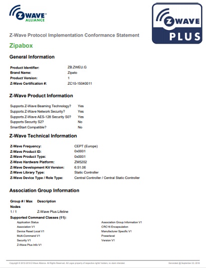 Zipabox - אישור תאימות Z-wave Alliance